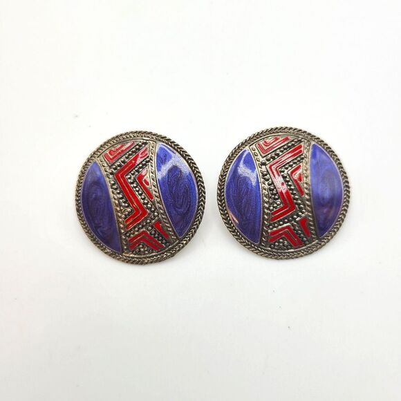 Vintage BEREBI Enameled Earrings, Pierced, Red Blue - Picture 1 of 6